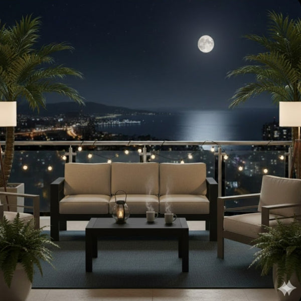 English Elm 2 Piece Outdoor Iron Patio Sofa Set with Thick Cushions and Wood Grain Coffee Table Black+ Gray B082P455117