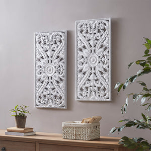 JLA Home Madison Park - Distressed Carved Wood Lotus Wall Art Set with Hand-Distressed Finish, Dimensional Botanical Panels for Home Decor White MP95B-0230