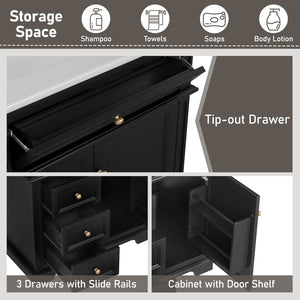 English Elm 30" Freestanding Bathroom Vanity Acacia Wood Matte Black Finish Gold Knobs Ceramic Sink N759P227429B