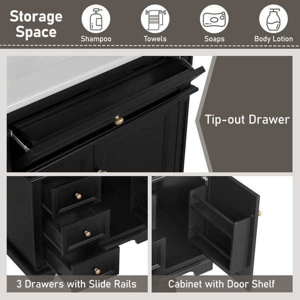 English Elm 30" Freestanding Bathroom Vanity Acacia Wood Matte Black Finish Gold Knobs Ceramic Sink N759P227429B