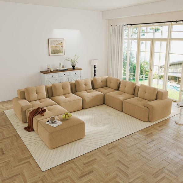 English Elm Modular Corduroy Sectional Sofa 6 Seat V Shaped Corner Couch with Ottomans Living Room Camel W714S01590