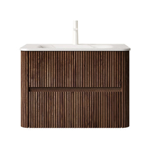 English Elm Noor Oak Veneer Floating Bathroom Vanity with Grooved Plywood Cabinet and Ceramic Basin W2615P386403