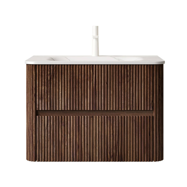 English Elm Noor Oak Veneer Floating Bathroom Vanity with Grooved Plywood Cabinet and Ceramic Basin W2615P386403