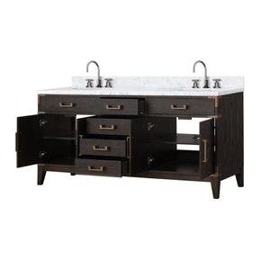 English Elm Brown Oak 72in Double Bath Vanity with Carrara Marble Top, Soft-Close Storage & Chrome Faucet Set B2731P259883
