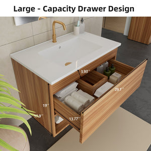 English Elm 30 Inch Floating Bathroom Vanity Fluted Wood Grain Front with Ceramic Integrated Sink W3520S00042