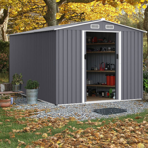 English Elm Outdoor Galvanized Steel Storage Shed 8x12 Ft with Sliding Doors and Air Vent W2911S00005