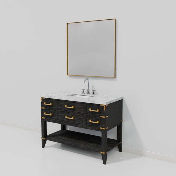 English Elm Black Oak Single Bath Vanity With Carrara Marble Top, Mirror & Faucet Set - Modern Elegance For Your Home B2731S02228