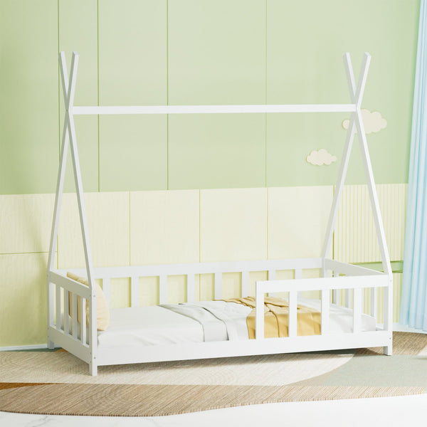 English Elm Floor Bed Cream White Montessori House Frame for Kids with Guardrail Tent Play Space, Solid Wood W2992S00006
