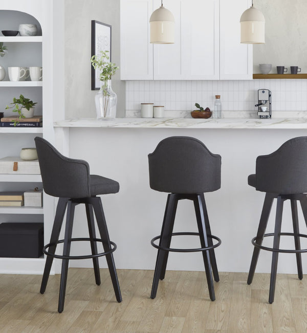 English Elm Fixed-height Swivel Barstools Upholstered Grey Fabric Black Wood Legs Kitchen Set of 2 Charcoal B202S01867
