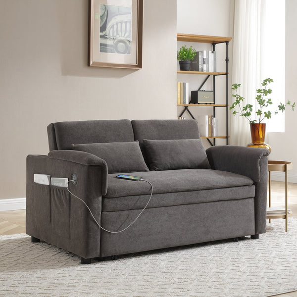 English Elm 55" Velvet Two Seater Pull Out Sofa Bed with USB Ports, Side Pockets, Adjustable Backrest, Compact Lounger DARK GREY W2677P288323