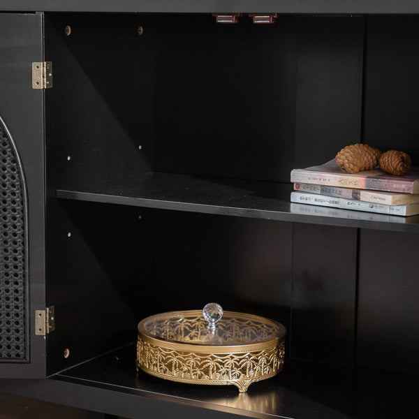 English Elm Modern Storage Sideboard Buffet Cabinet with Black MDF, Rattan Doors, Adjustable Shelves, Sleek Handles W3081P339021