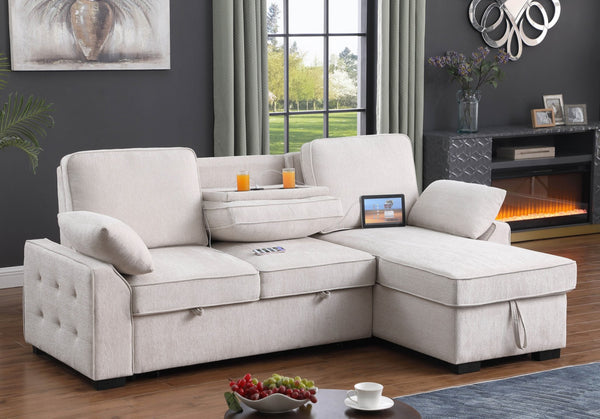 English Elm Marcello Chenille Sleeper Sectional with Reversible Chaise Storage and Charging Console Beige B2749S00164