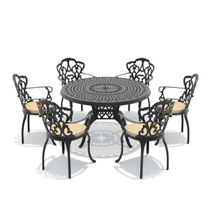 English Elm 7-piece Cast Aluminum Outdoor Dining Set Ornate Floral Carved Patio Furniture W1710S00623