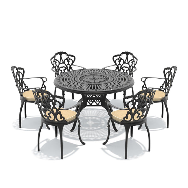 English Elm 7-piece Cast Aluminum Outdoor Dining Set Ornate Floral Carved Patio Furniture W1710S00623