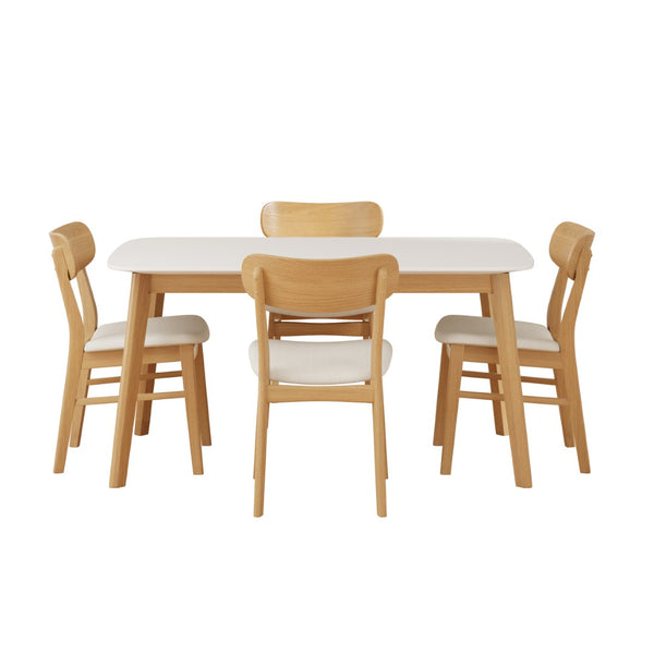 English Elm [video] 5 Piece Mid-century Rubberwood Dining Set with Cushioned Chairs for Modern Homes Light Beige,White+Oak N759S005002K