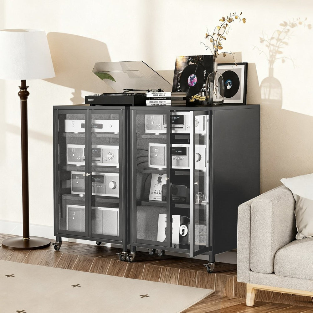 English Elm 35.8" Steel Media Cabinet with Tempered Glass Doors and Locking Wheels for Living Room T2398P413024