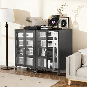 English Elm 35.8" Steel Media Cabinet with Tempered Glass Doors and Locking Wheels for Living Room T2398P413024