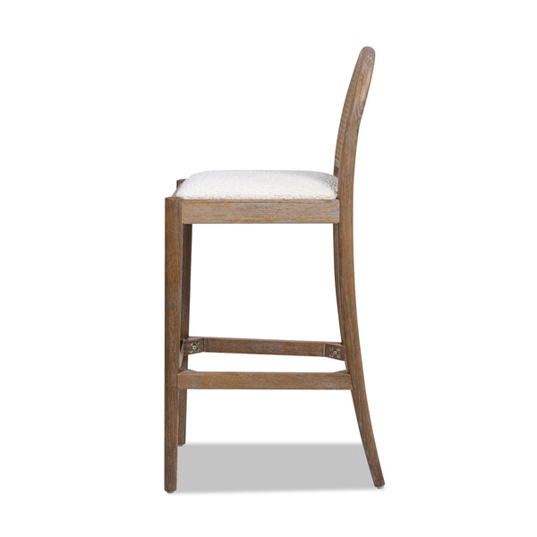 English Elm Jennifer Taylor Home - Panama 30.5" Curved Back Cane Rattan Bar Stool with Oak Frame, Boucle Upholstery & Brass Footrest White B2719P238387