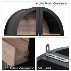 English Elm K&K Arched 71" Kitchen Pantry Cabinet with Glass Doors, Brass Handles, Adjustable Shelves & Drawer Black N707P288969B