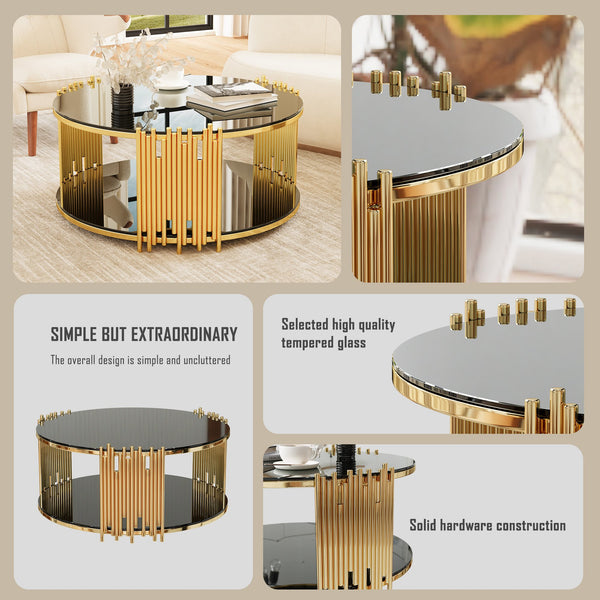 English Elm Modern stainless steel circular coffee table with black tempered glass top, gold frame, anti-slip pads, easy-clean elegance W1727P206859
