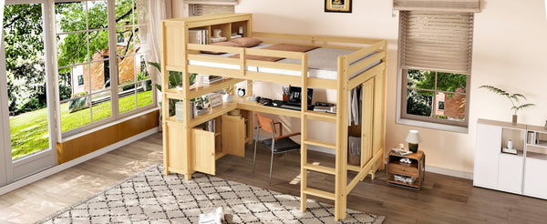 English Elm Full Size Pine Loft Bed House Frame with Slide Bookshelves and Moon Star Rails W1580S00163