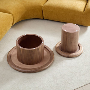 English Elm 2-piece Nesting Round Coffee Table Set Wood Veneer Sculptural Living Room Accent Walnut W2582S00184