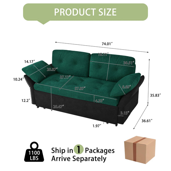 English Elm Convertible Pull Out Sofa Bed Queen Size with Steel Frame, Dual Armrests, Chenille Sleeper Couch with Storage and Casters Black+Green W3163P269679