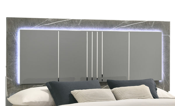 English Elm Elara King Bed with Two-Tone Marble & Lacquer Headboard, Ambient LED Lighting, Metal Legs, Gray B009S01752