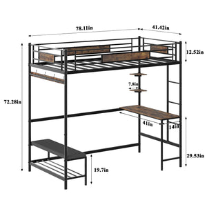 English Elm Twin loft bed with desk, storage & charging station — space-saving brown metal & wood design, safe and sturdy W636P333140