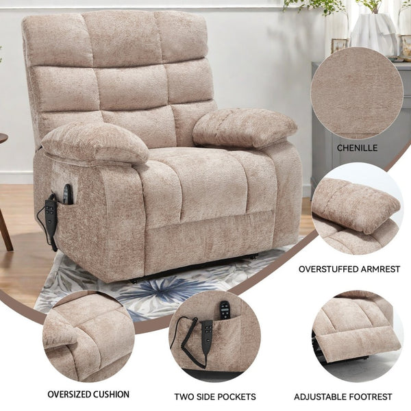English Elm Lift Power Recliner Chenille Chair Dual Motor Massage Heat 350 Lb Capacity Living Room Beige W3224P288641