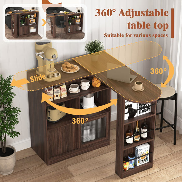 English Elm Modern Bar Cabinet Walnut with Rotating Top, Counter-Height Storage, 6 Shelves & Ribbed Glass Doors W409P167484