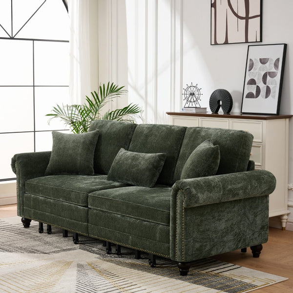 English Elm 86" Chenille Sleeper Sofa with Nailhead Rolled Arms Three Seat Convertible for Any Room Green W3373S00088