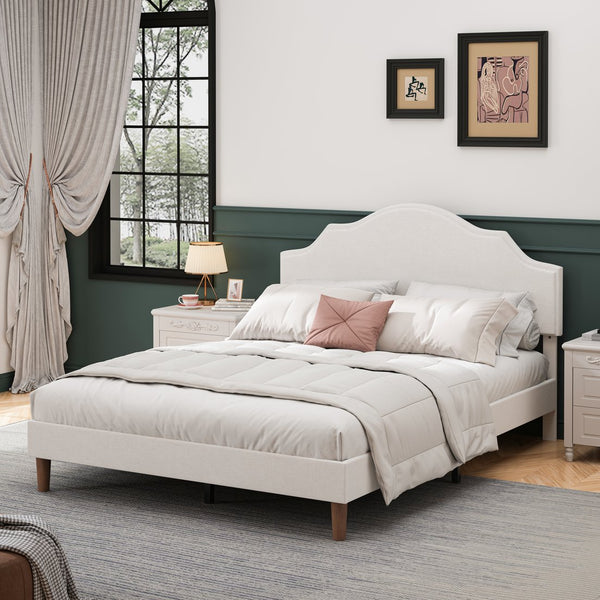 English Elm Queen Upholstered Platform Bed Frame with Adjustable Headboard 32.9"-37", Linen, White, 1000lb Capacity W1716P371756