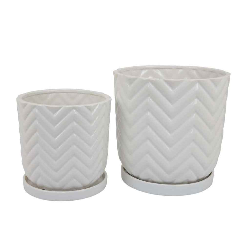 English Elm Camie White Ceramic Planter Duo with Saucers Chevron Texture Glossy Finish Indoor B056P417015