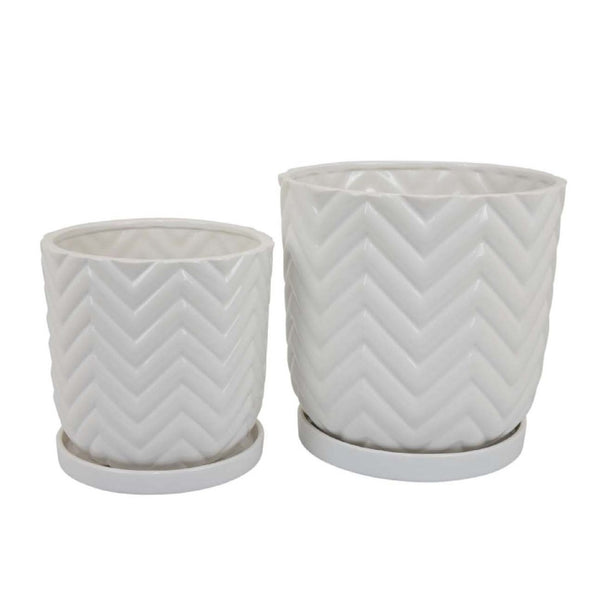 English Elm Camie White Ceramic Planter Duo with Saucers Chevron Texture Glossy Finish Indoor B056P417015