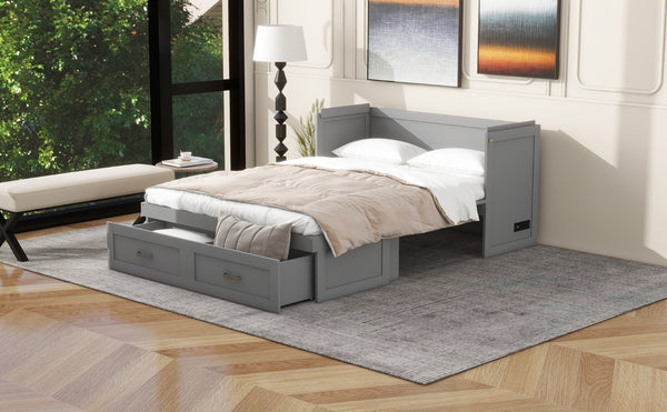 English Elm Full Size Murphy Wall Bed with Storage Drawer Usb Ports and Metal Handles for Small Spaces LP000669AAE