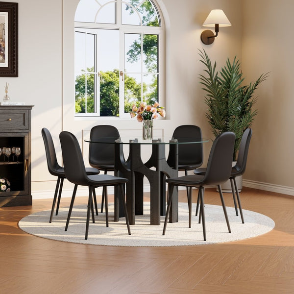 English Elm Round Tempered Glass Dining Table Sculptural Geometric Mdf Base Seats Four Compact Black W3875P387177