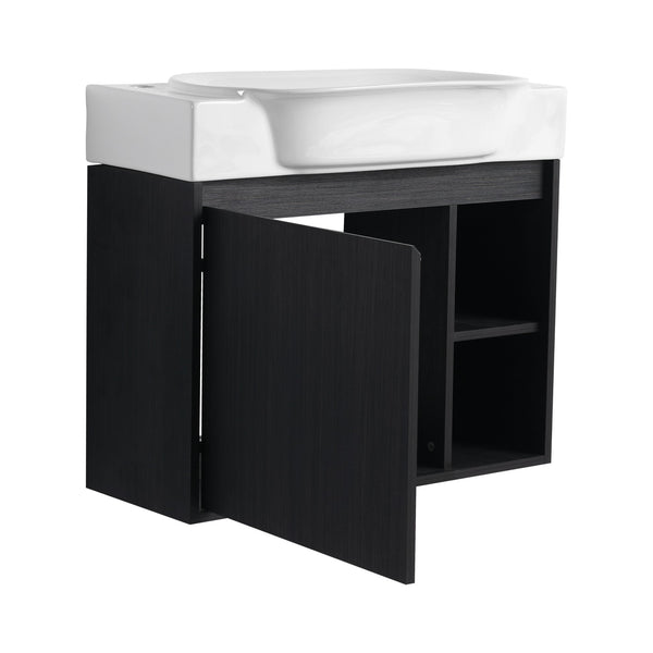 English Elm 28'' Wall-Mounted Bathroom Vanity with Glossy White Ceramic Sink, Soft-Close Doors, Water-Resistant Plywood Finish (Easy Assembly, KD Packing) W999P310767