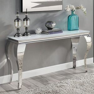 English Elm Glam Stainless Steel Coffee Table with Beveled Tempered Glass Top and Elegant Cabriole-Style Legs Silver,White 59 L x 21 W x 4 H B011S01178