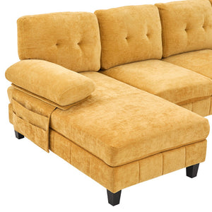 English Elm U-shaped Chenille Sectional Sofa with Dual Chaise Lounges, Tufted Back, Storage Pockets & Pillows Yellow N719S002040L