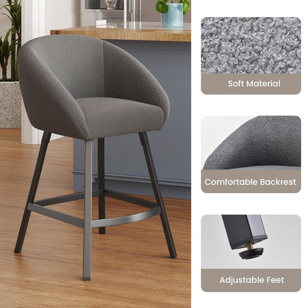 English Elm Bar Upholstered Counter Stool Set of 2 with Back and Armrests, Velvet Seat, 27" Comfort Height, Durable Gray T3623P407975