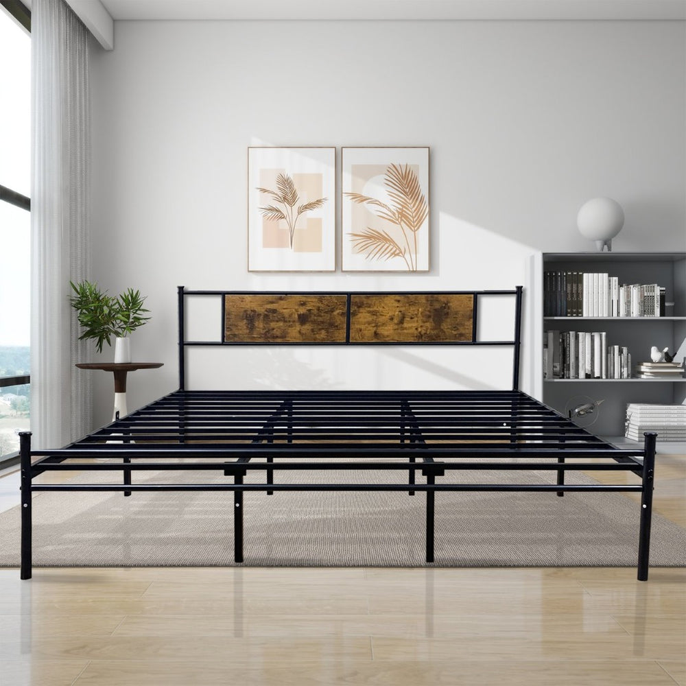 English Elm Queen Victorian Platform Bed Wood Paneling Metal Frame with Under Bed Storage Space W3286P308744