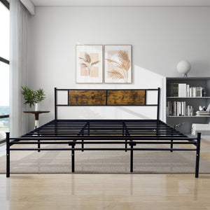 English Elm Queen Victorian Platform Bed Wood Paneling Metal Frame with Under Bed Storage Space W3286P308744