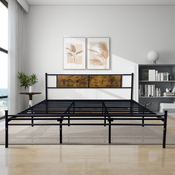 English Elm Queen Victorian Platform Bed Wood Paneling Metal Frame with Under Bed Storage Space W3286P308744