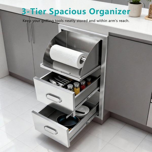 English Elm Stainless Steel Kitchen Organizer with Drawers and Built in Paper Towel Dispenser W5006P397549