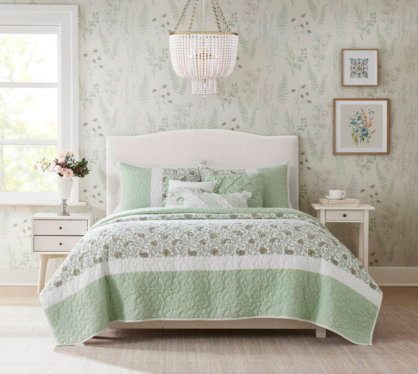 English Elm 6 Cotton Percale Quilt Set Full/Queen with 3 Decorative Pillows Breathable Printed Cotton Blend Comfort Sage Green 22.83 L x 17.72 W x 7.87 H B035P294113