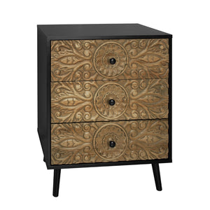 English Elm 3 Drawer Solid Wood Cabinet Hand Carved Relief Fronts Pine Feet Bedroom Storage W688138033