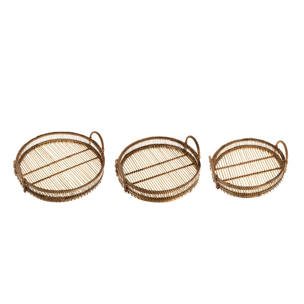 English Elm Set of 3 Sienna Bamboo Woven Trays with Handles — Round Brown Boho Coastal Accents for Tabletop Decor W2078P391141
