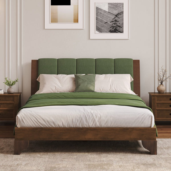 English Elm Christopher Knight Home® - Premium Pine Wood Queen Bed Frame - Mid-Century Modern Design With Upholstered Headboard & Green Accents N770P345991D_N770P345992D