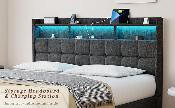 English Elm King LED Linen Platform Bed with Headboard Storage, 2 Drawers, Fast Charging & Mood Lights W1550P190363